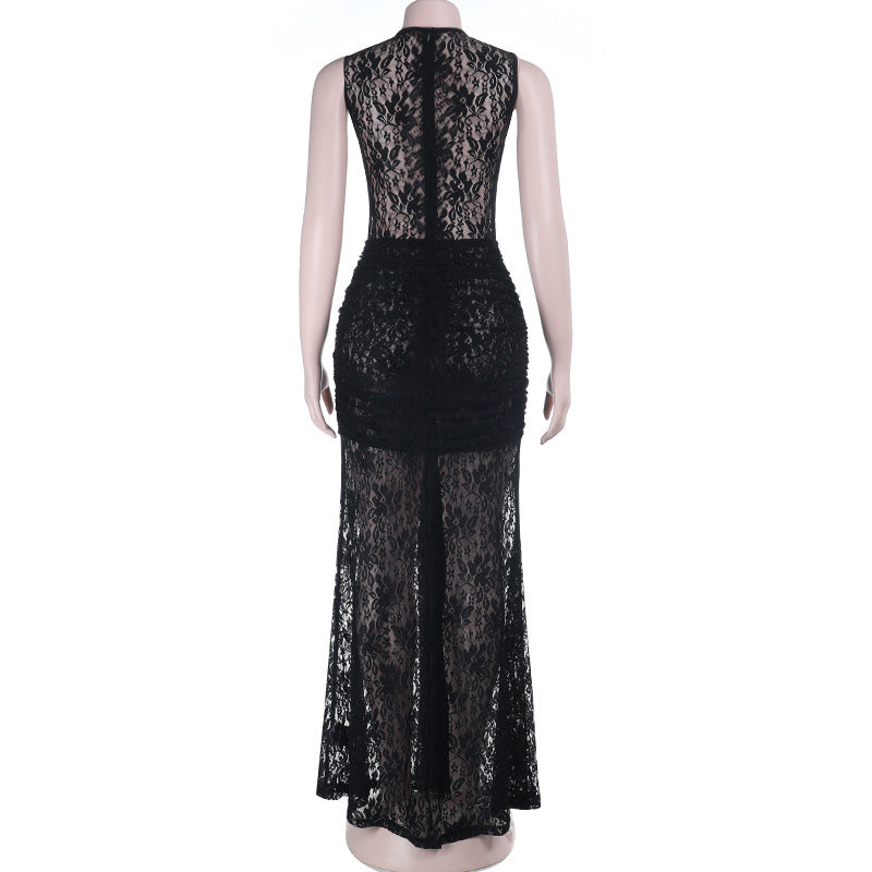 Crewneck sleeveless ruched lace maxi dress  | Festival Outfits Women-final-sale