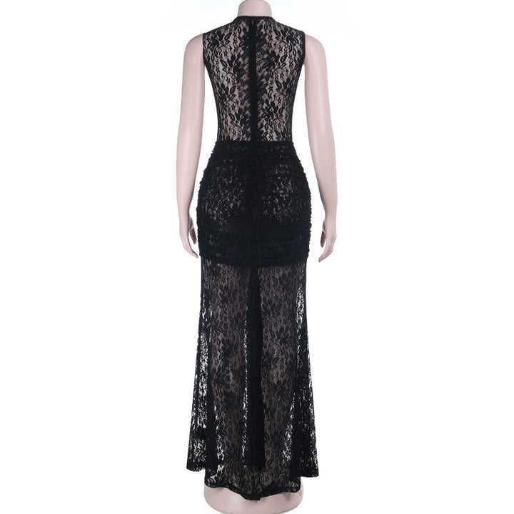 Crewneck sleeveless ruched lace maxi dress  | Festival Outfits Women-final-sale