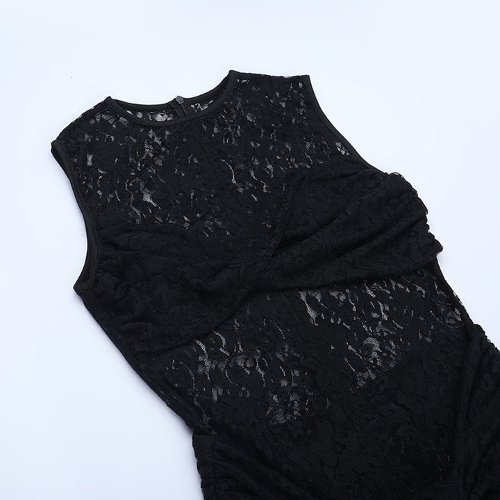 Crewneck sleeveless ruched lace maxi dress  | Festival Outfits Women-final-sale