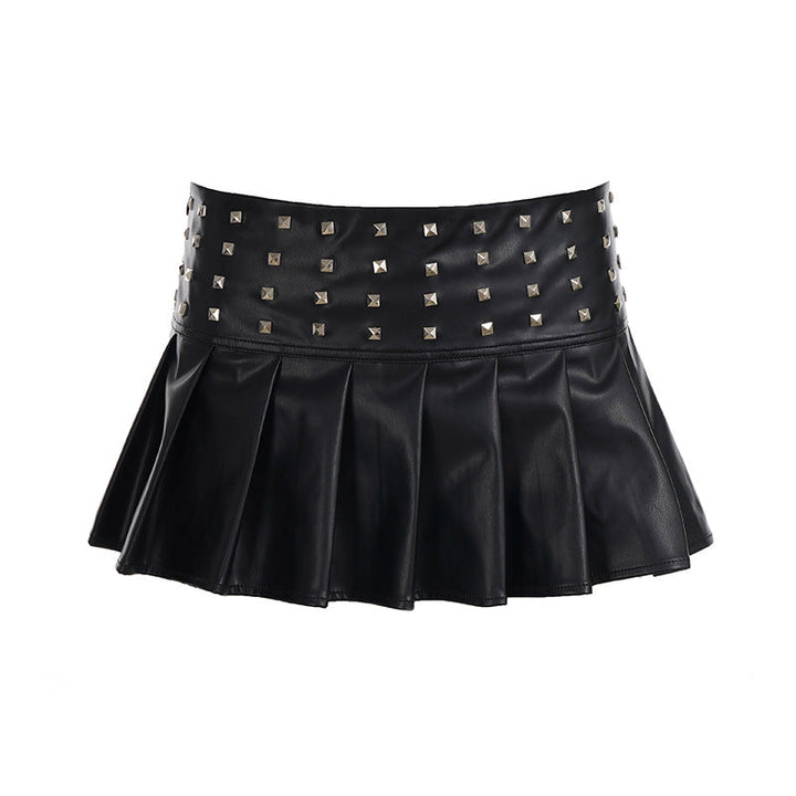 Pleated rivet PU leather mini skirt Cargo Mini Skirt  | Festival Outfits Women