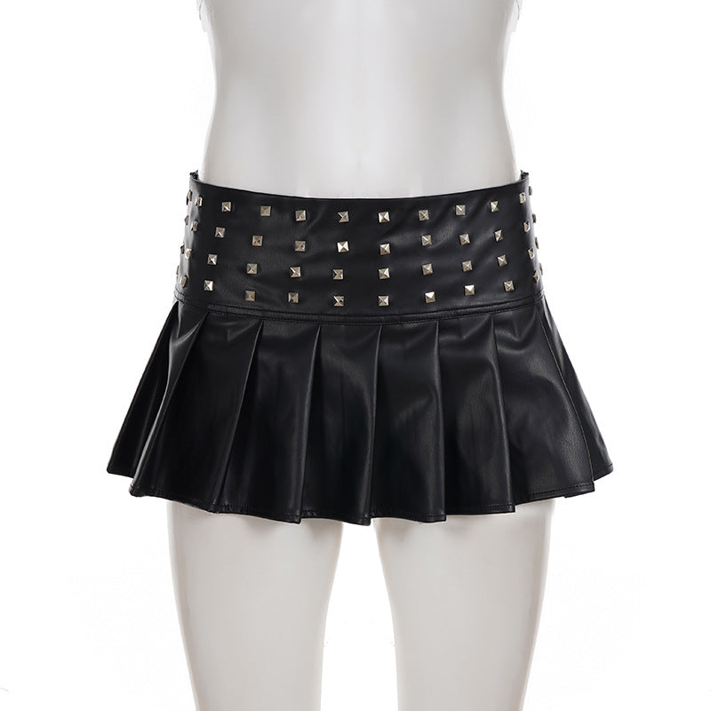 Pleated rivet PU leather mini skirt Cargo Mini Skirt  | Festival Outfits Women