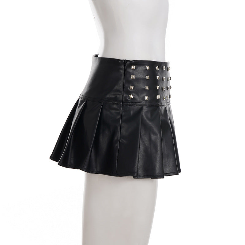 Pleated rivet PU leather mini skirt Cargo Mini Skirt  | Festival Outfits Women
