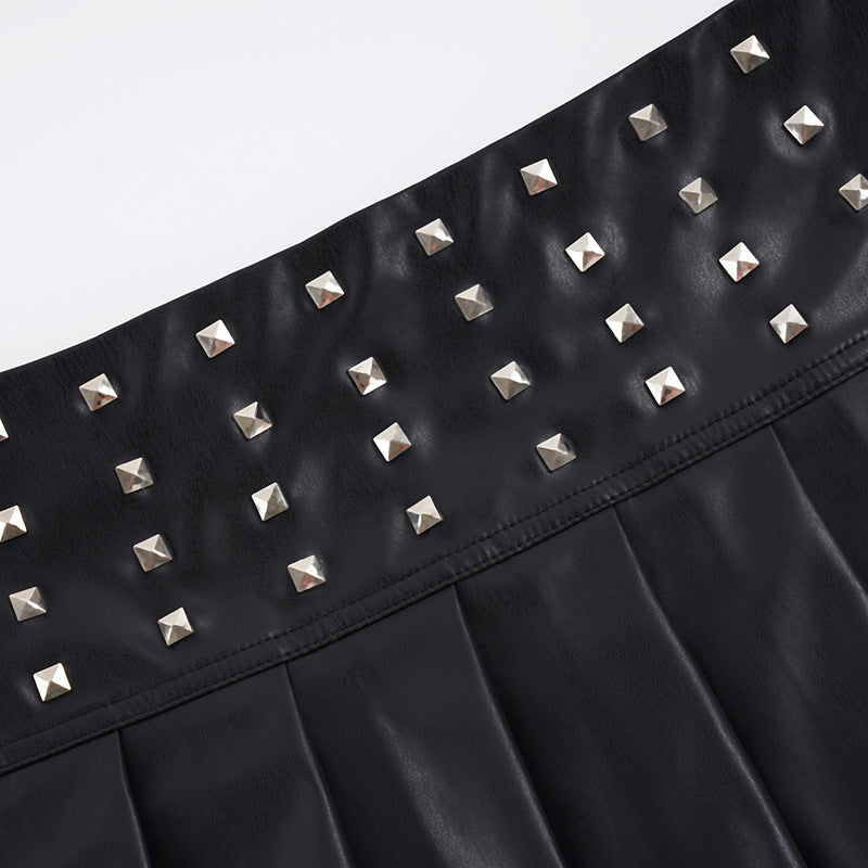 Pleated rivet PU leather mini skirt Cargo Mini Skirt  | Festival Outfits Women