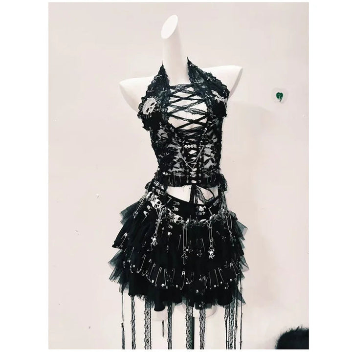 Halter skull beaded lace up lace mesh backless top  | Festival Outfits Women