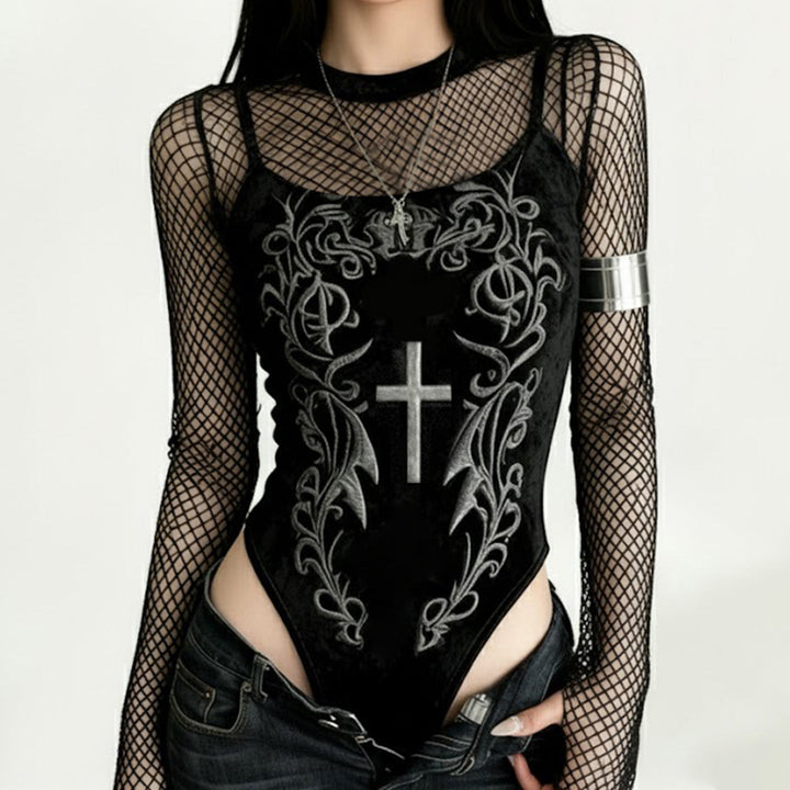 Long sleeve fishnet velvet embroidery bodysuit  | Festival Outfits Women