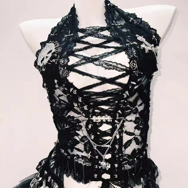 Halter skull beaded lace up lace mesh backless top  | Festival Outfits Women