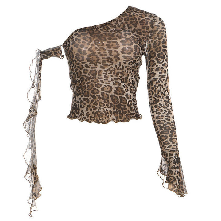 One shoulder leopard print ruffle mesh top  | Festival Outfits Women  | Cheetah Print Top