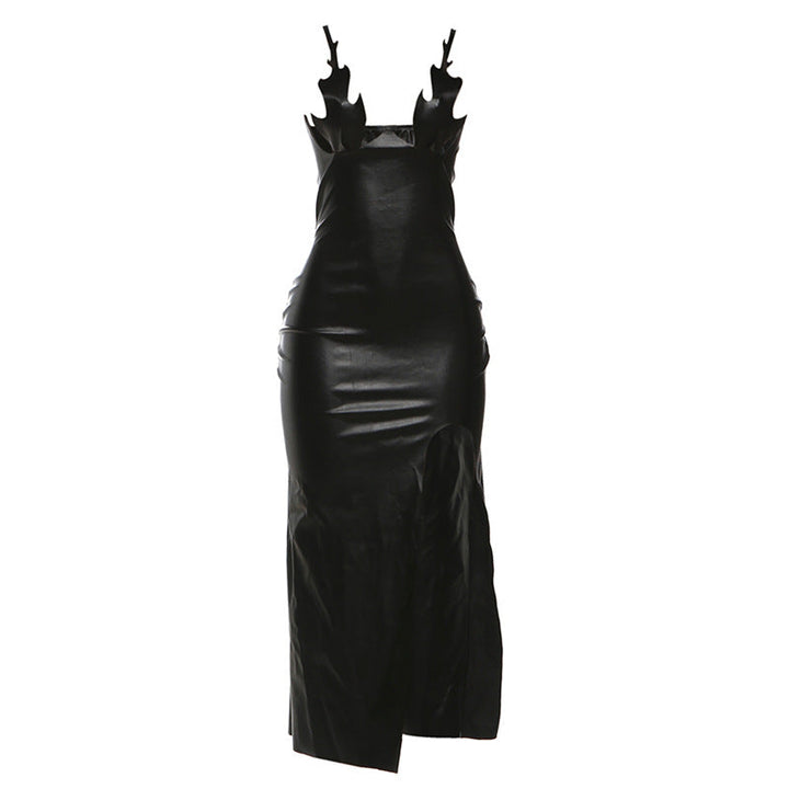 PU leather slit backless maxi dress  | Festival Outfits Women
