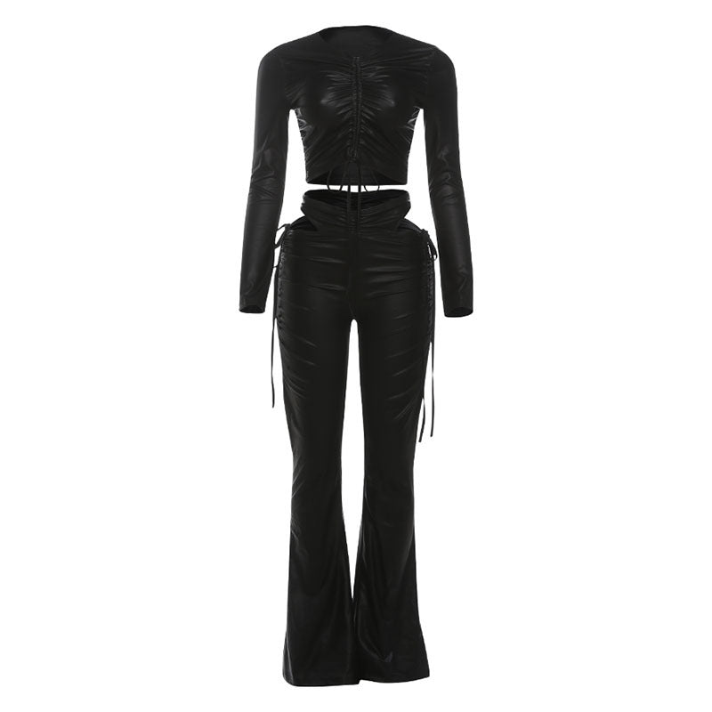 Long sleeve drawstring PU leather hollow out pant set  | Festival Outfits Women