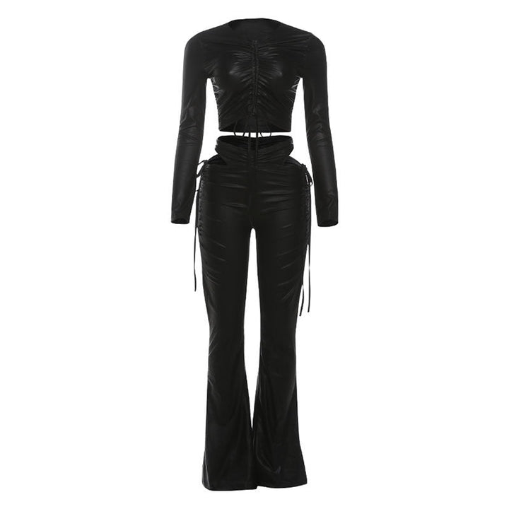 Long sleeve drawstring PU leather hollow out pant set  | Festival Outfits Women