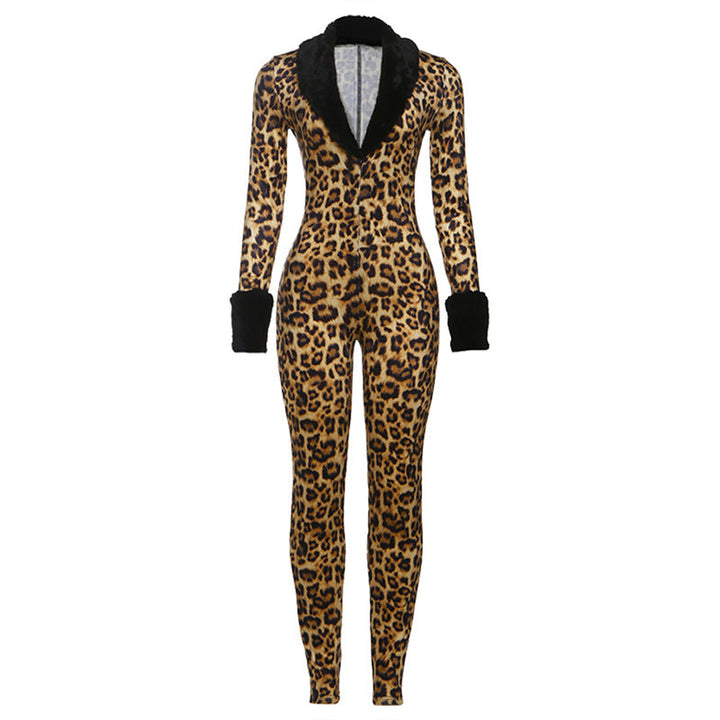 Long sleeve v neck leopard print fluffy jumpsuit  | Festival Outfits Women