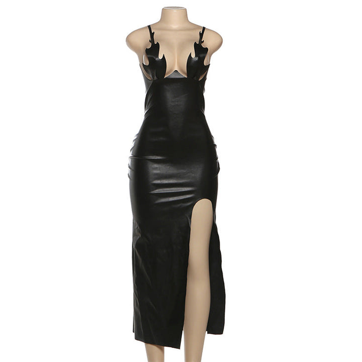 PU leather slit backless maxi dress  | Festival Outfits Women