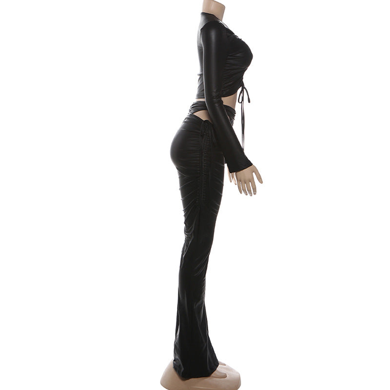 Long sleeve drawstring PU leather hollow out pant set  | Festival Outfits Women