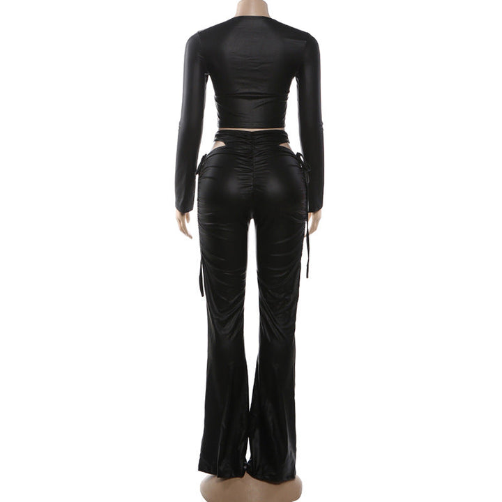 Long sleeve drawstring PU leather hollow out pant set  | Festival Outfits Women