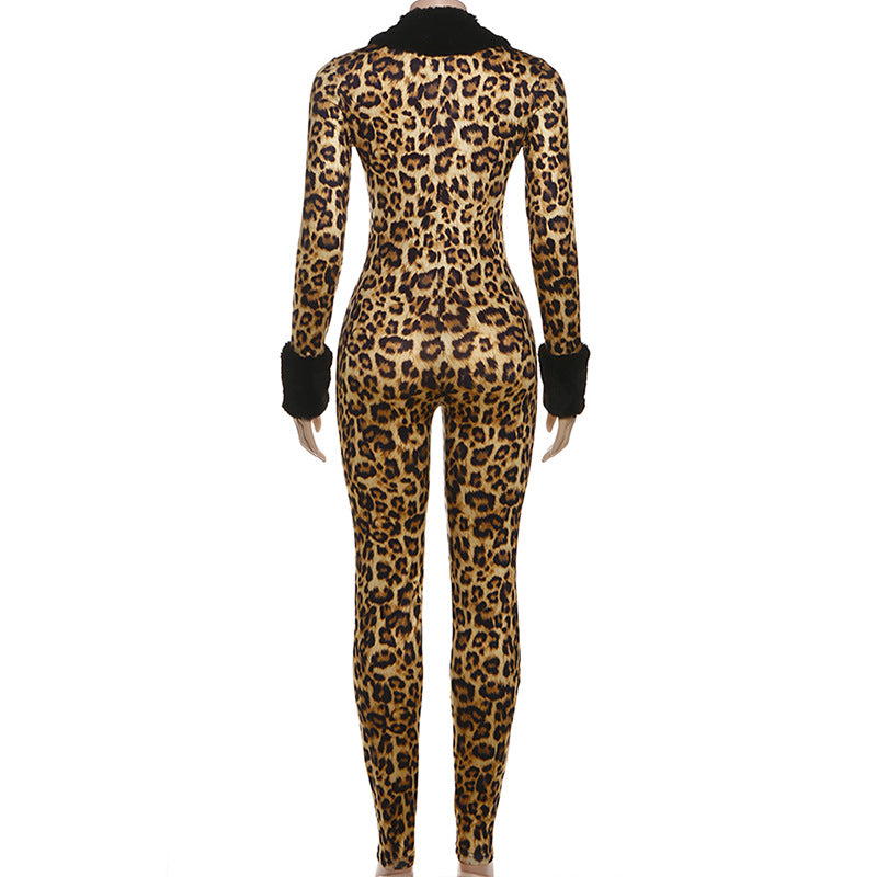 Long sleeve v neck leopard print fluffy jumpsuit  | Festival Outfits Women
