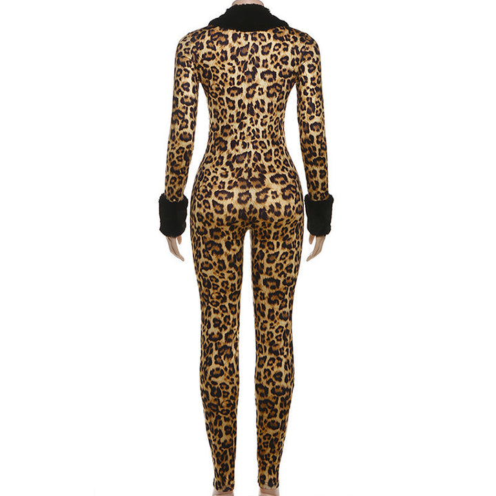 Long sleeve v neck leopard print fluffy jumpsuit  | Festival Outfits Women