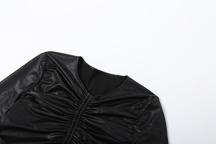 Long sleeve drawstring PU leather hollow out pant set  | Festival Outfits Women