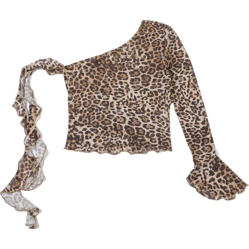 One shoulder leopard print ruffle mesh top  | Festival Outfits Women  | Cheetah Print Top