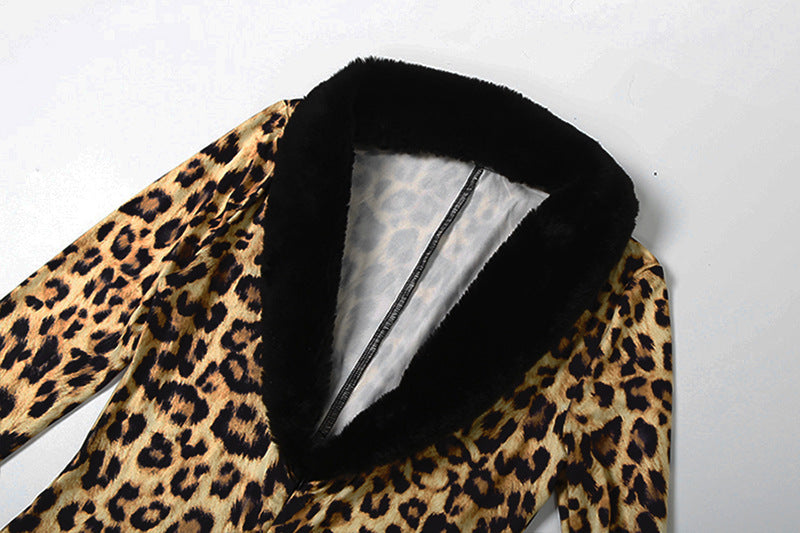 Long sleeve v neck leopard print fluffy jumpsuit  | Festival Outfits Women
