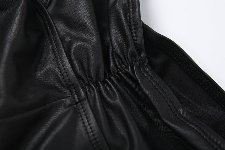 Long sleeve drawstring PU leather hollow out pant set  | Festival Outfits Women