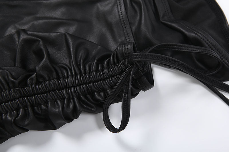 Long sleeve drawstring PU leather hollow out pant set  | Festival Outfits Women