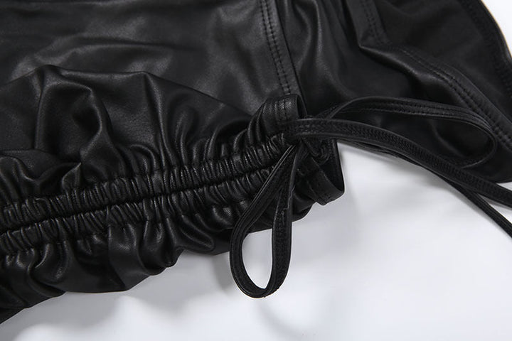 Long sleeve drawstring PU leather hollow out pant set  | Festival Outfits Women