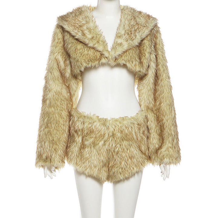 Long sleeve hoodie fluffy crop short pant set  | Festival Outfits Women