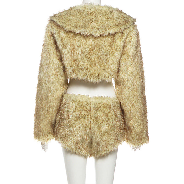 Long sleeve hoodie fluffy crop short pant set  | Festival Outfits Women