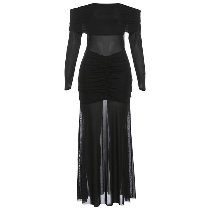 Off shoulder mesh patchwork long sleeve ruched maxi dress  | Festival Outfits Women