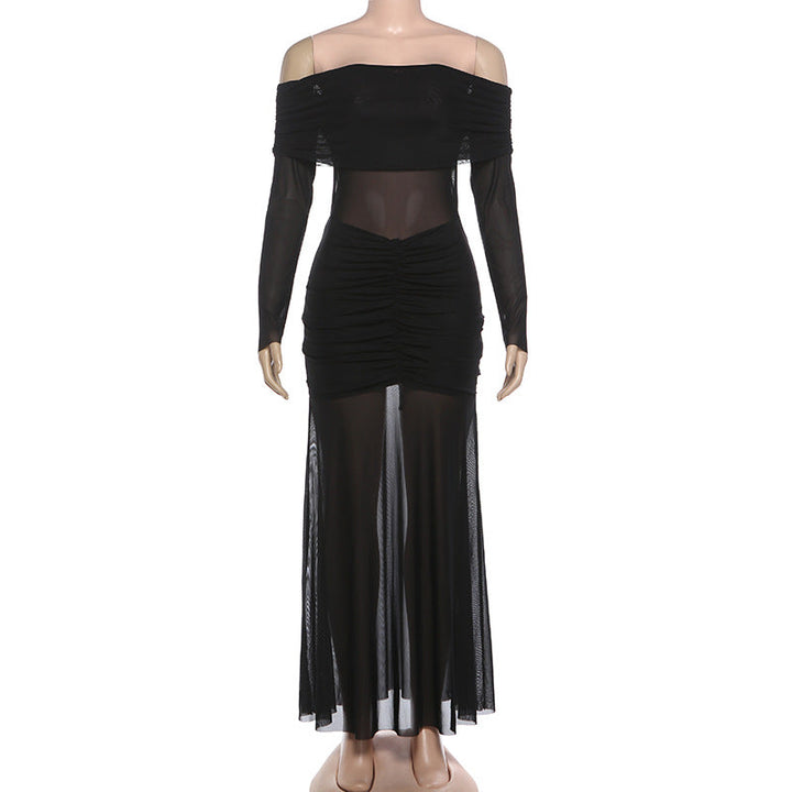 Off shoulder mesh patchwork long sleeve ruched maxi dress  | Festival Outfits Women