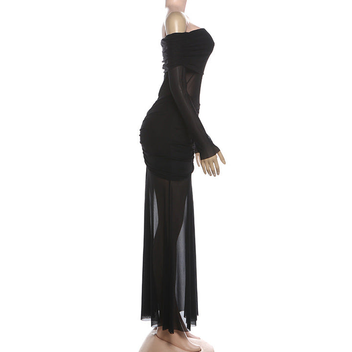 Off shoulder mesh patchwork long sleeve ruched maxi dress  | Festival Outfits Women