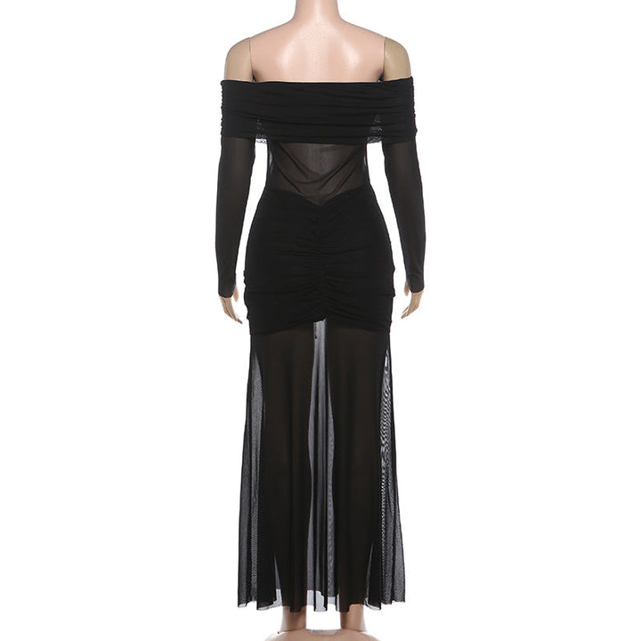 Off shoulder mesh patchwork long sleeve ruched maxi dress  | Festival Outfits Women