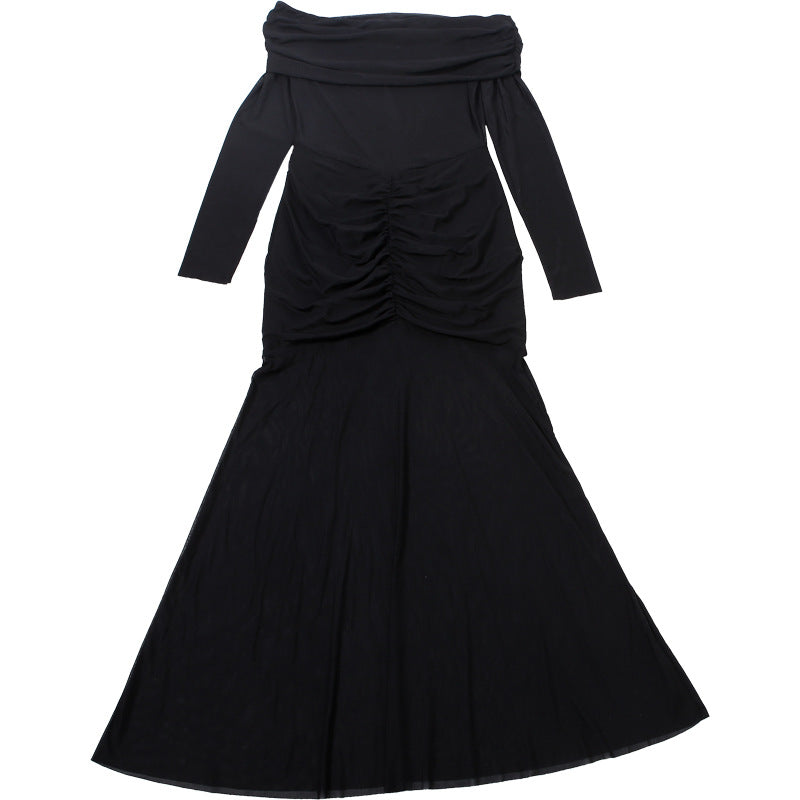 Off shoulder mesh patchwork long sleeve ruched maxi dress  | Festival Outfits Women