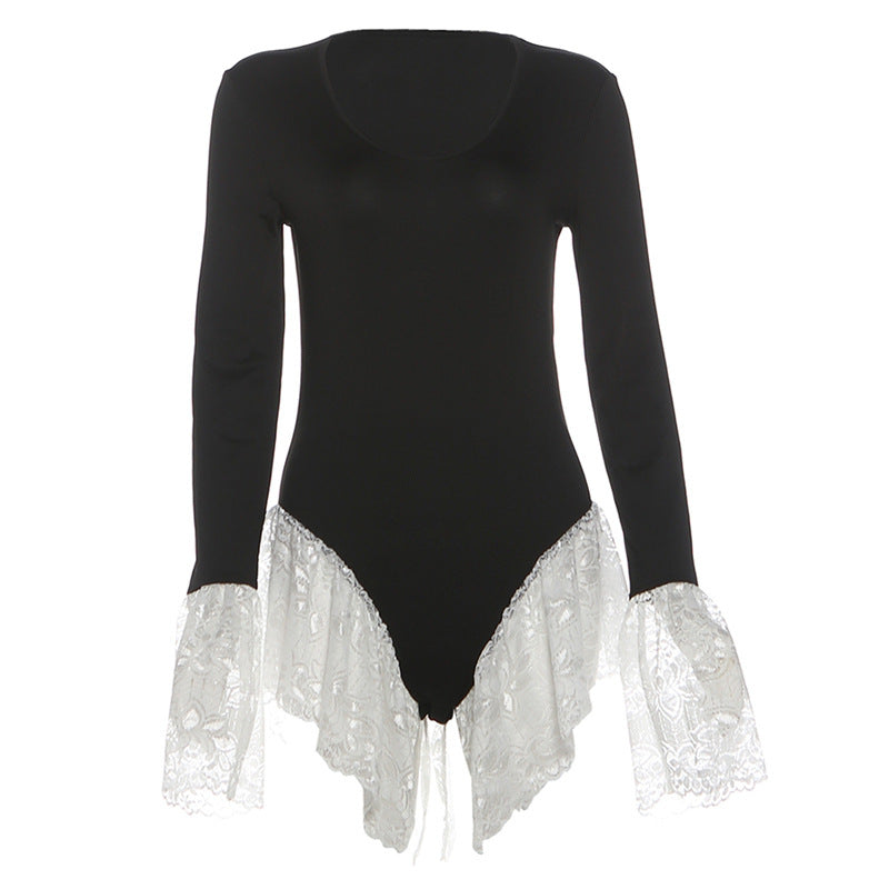 Long sleeve crewneck lace hem bodysuit  | Festival Outfits Women
