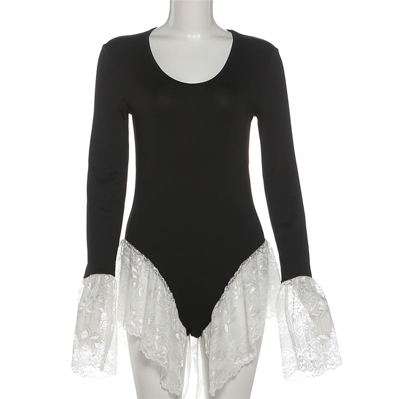 Long sleeve crewneck lace hem bodysuit  | Festival Outfits Women