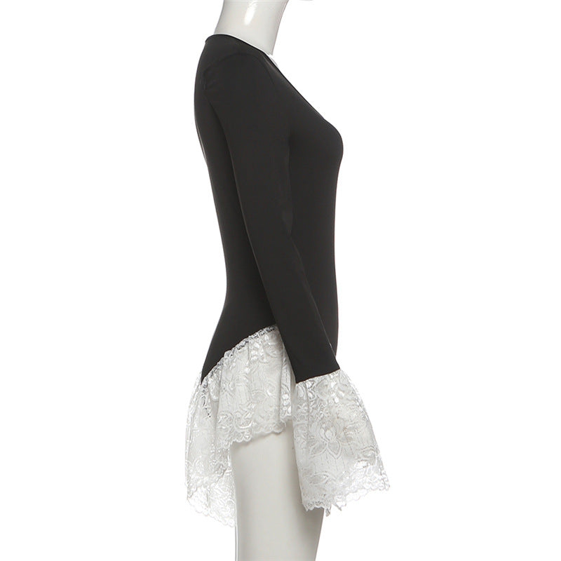 Long sleeve crewneck lace hem bodysuit  | Festival Outfits Women