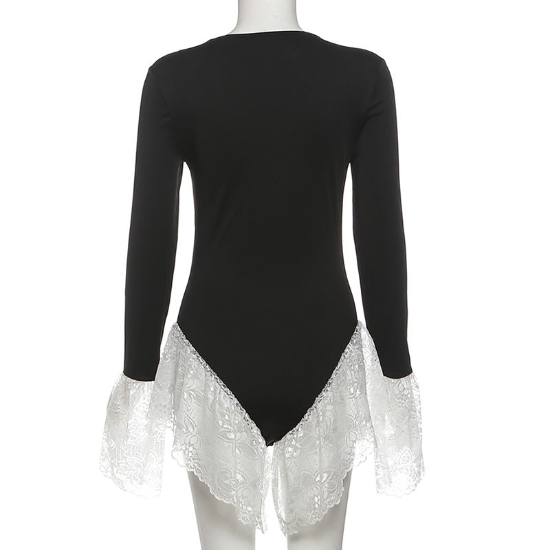 Long sleeve crewneck lace hem bodysuit  | Festival Outfits Women