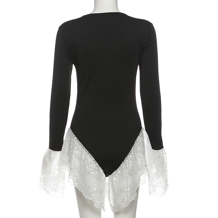 Long sleeve crewneck lace hem bodysuit  | Festival Outfits Women