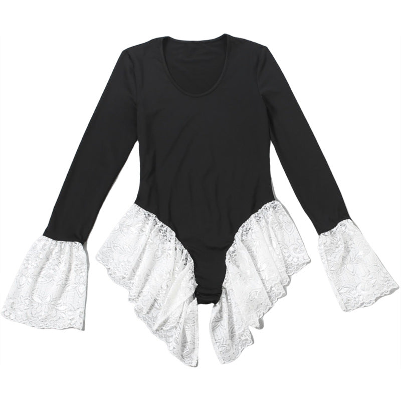 Long sleeve crewneck lace hem bodysuit  | Festival Outfits Women