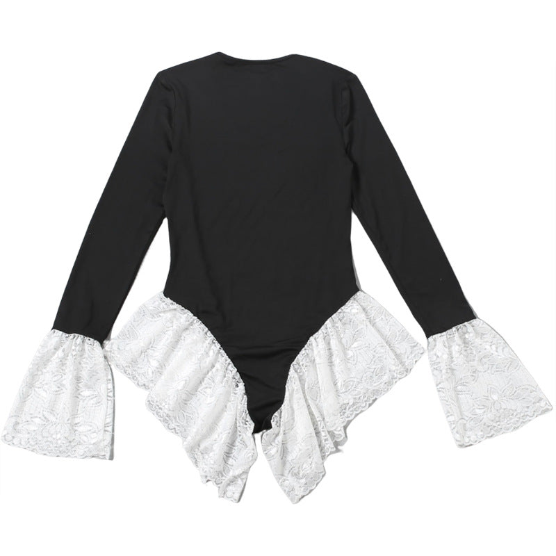 Long sleeve crewneck lace hem bodysuit  | Festival Outfits Women