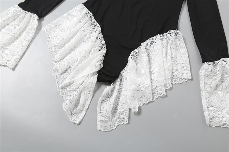 Long sleeve crewneck lace hem bodysuit  | Festival Outfits Women