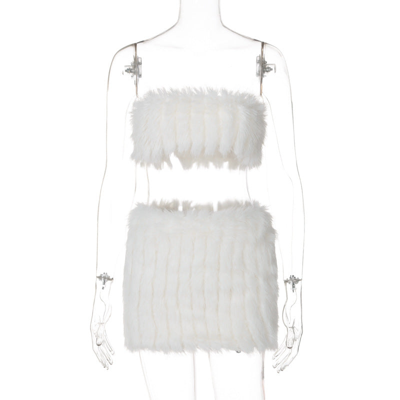 Fluffy backless tube mini skirt set  | Festival Outfits Women