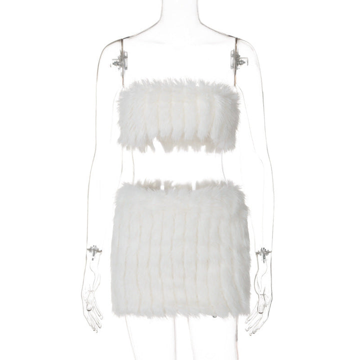 Fluffy backless tube mini skirt set  | Festival Outfits Women