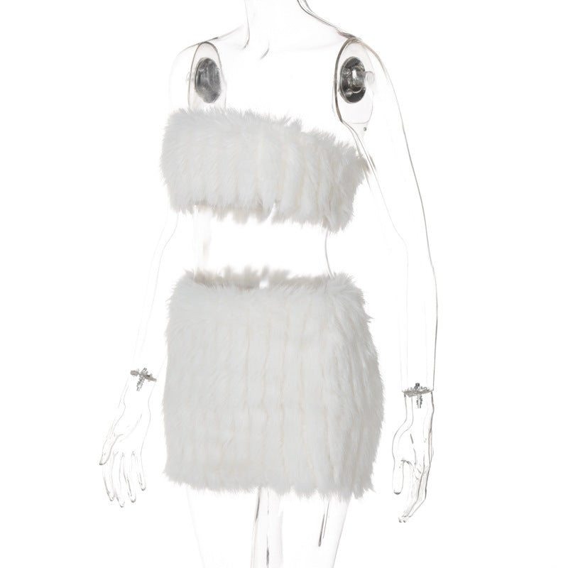 Fluffy backless tube mini skirt set  | Festival Outfits Women