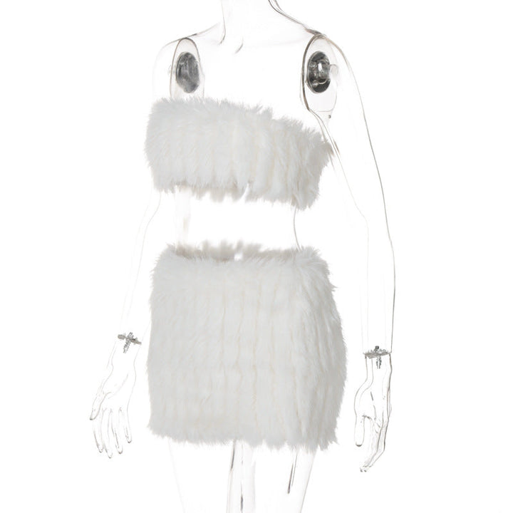 Fluffy backless tube mini skirt set  | Festival Outfits Women