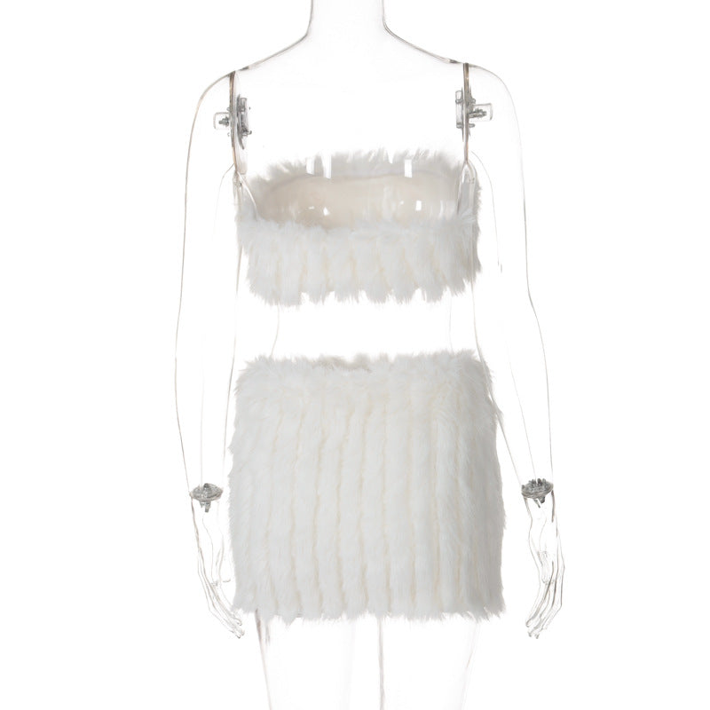 Fluffy backless tube mini skirt set  | Festival Outfits Women