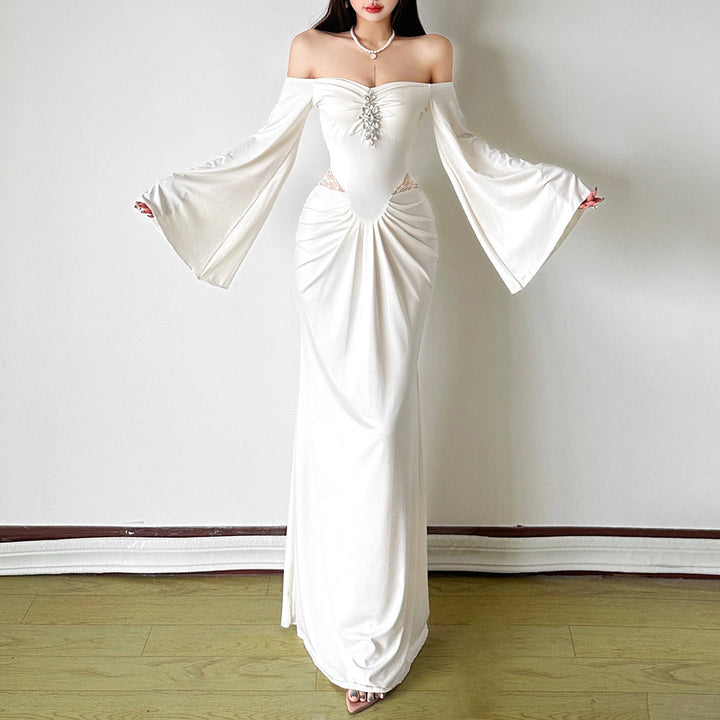 Off shoulder long flared sleeve ruched maxi dress  | Festival Outfits Women