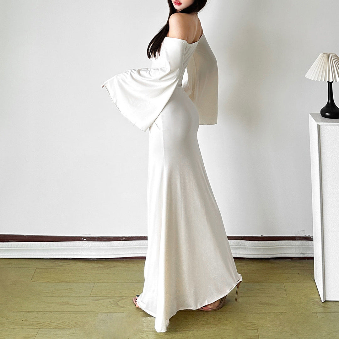 Off shoulder long flared sleeve ruched maxi dress  | Festival Outfits Women