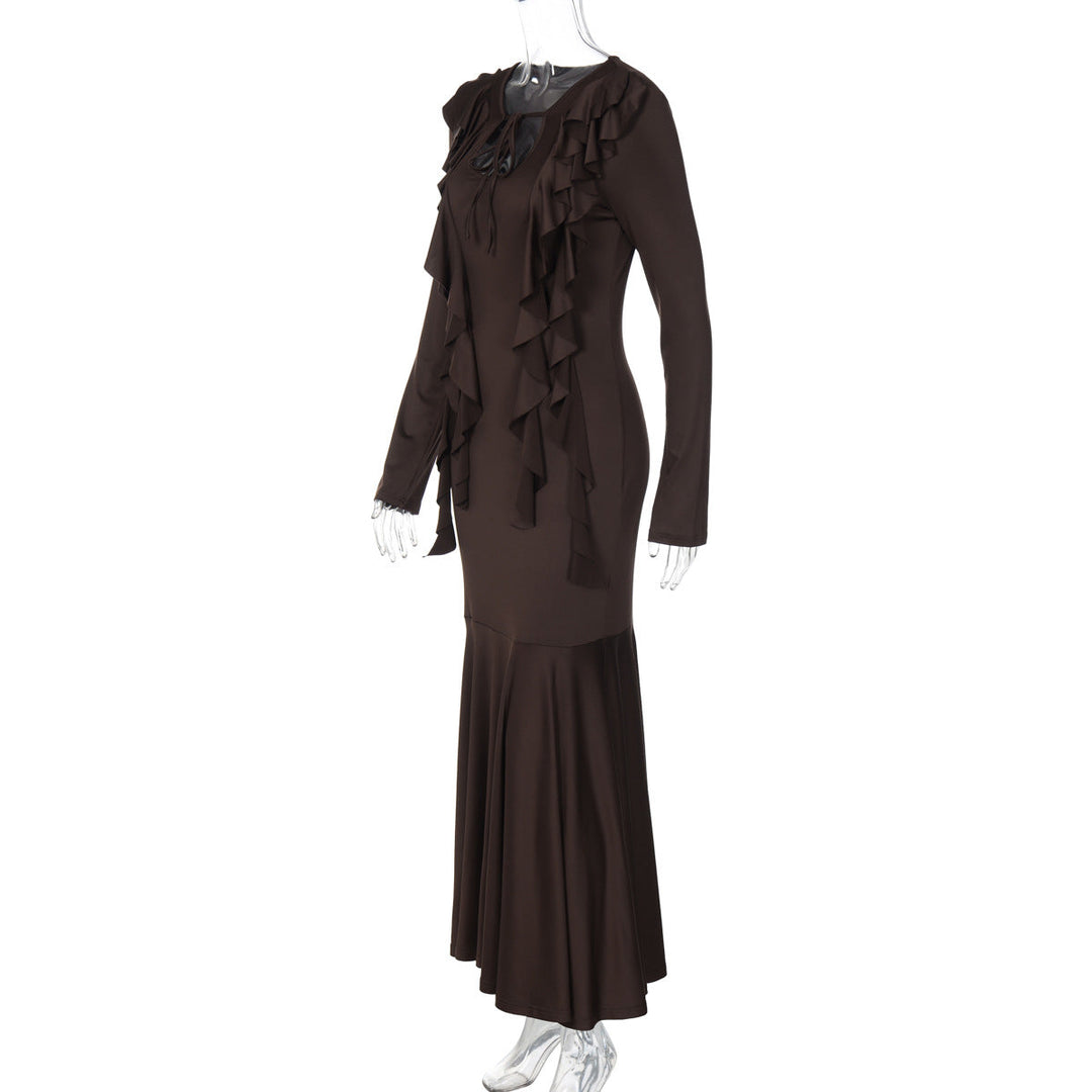 Long sleeve ruffle self tie solid maxi dress  | Festival Outfits Women