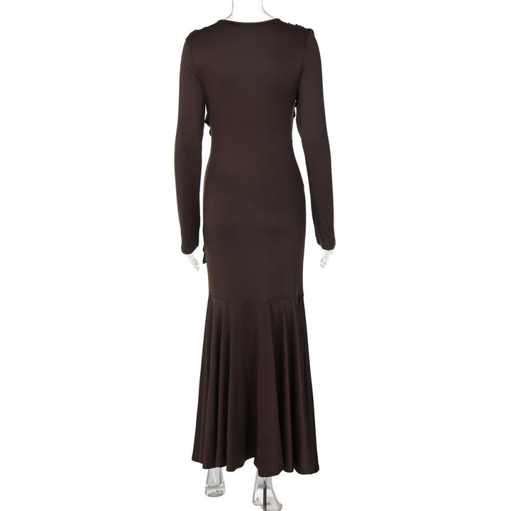 Long sleeve ruffle self tie solid maxi dress  | Festival Outfits Women